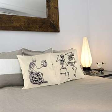 4 Pack Halloween Skull Pillow Covers, Skull and Pumpkin Throw Pillowcase Skeleton Cotton Linen Pillow Cushion Cover for Halloween Home Car Sofa Bedding Couch Decor, 18 x 18 Inch