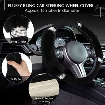 9 Pcs Fluffy Bling Car Steering Wheel Covers Faux Wool Fur Center Console Handbrake Gear Shift Cover...