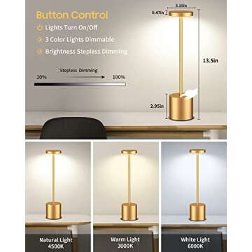 YHT Rechargeable Cordless LED Table Lamp Portable USB Metal Desk Lamp 6000mAh Battery Operated lamps 13.5 inches 3 Level Dimmable Table Lights for Reading Nightstand Restaurant Patio Dining 2Pack Gold