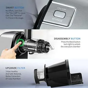 Juicer Machines, Oneisall Slow Masticating Juicer Extractor Easy to Clean, Tritan & BPA-Free, Anti-Drip and 5 Mode Adjustment, Cold Press Juicer with Quiet Motor, Recipes for Vegetables and Fruits