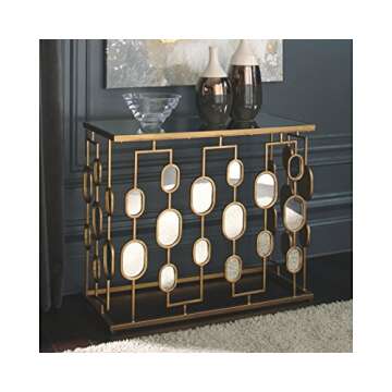 Signature Design by Ashley Majaci Retro Mirrored Glass Top Console Table, Gold Finish