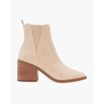 Coutgo Womens Pointed Toe Ankle Boots Chunky Block Stacked Heel Side Zipper Chelsea Fall Booties, Nude, Size 8.5