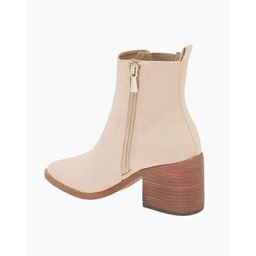 Coutgo Womens Pointed Toe Ankle Boots Chunky Block Stacked Heel Side Zipper Chelsea Fall Booties, Nude, Size 8.5