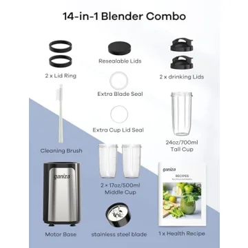 Ganiza Blender for Smoothies, 14Pcs Personal Blender for Shake and Smoothies for Kitchen with 3 Portable Blender Cups (1x24oz & 2X17oz), Single Serve Smoothie Maker, Nutritious Recipe Smoothie Blender