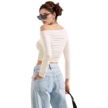 MISS MOLY Women's Off Shoulder Asymmetrical Tops Y2K Ruched Slim Sexy Cropped Long Sleeve Tee Shirts Beige XS