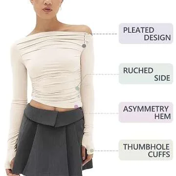 MISS MOLY Women's Off Shoulder Asymmetrical Tops Y2K Ruched Slim Sexy Cropped Long Sleeve Tee Shirts Beige XS