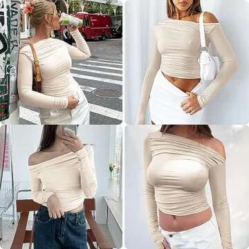 MISS MOLY Women's Off Shoulder Asymmetrical Tops Y2K Ruched Slim Sexy Cropped Long Sleeve Tee Shirts Beige XS