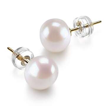 PAVOI 14K Gold Freshwater Cultured White Button Pearl Stud Earrings - 9.5-10mm
