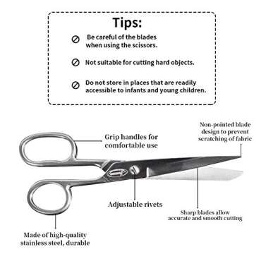 Newness Fabric Scissors, 7.24 Inch Professional Stainless Steel Sewing Scissors with Sharp Blade, Heavy Duty Fabric Tailor Leather Clothes Shears for Home, Office, Dressmaker, Silver
