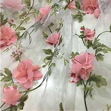 Tong Gu Lace Fabric Organza 3D Pink Chiffon Rose Floral Embroidery Wide 55 in (Length 1 m/39 in)