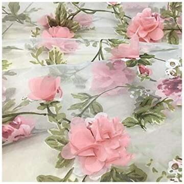 Tong Gu Lace Fabric Organza 3D Pink Chiffon Rose Floral Embroidery Wide 55 in (Length 1 m/39 in)