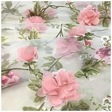 Tong Gu Lace Fabric Organza 3D Pink Chiffon Rose Floral Embroidery Wide 55 in (Length 1 m/39 in)
