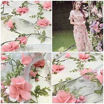 Tong Gu Lace Fabric Organza 3D Pink Chiffon Rose Floral Embroidery Wide 55 in (Length 1 m/39 in)