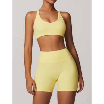 ABOCIW Workout Sets for Women 2 Piece V Neck Twist Back Sports Bra High Waist Biker Shorts Yoga Outfits Lemon Yellow Small
