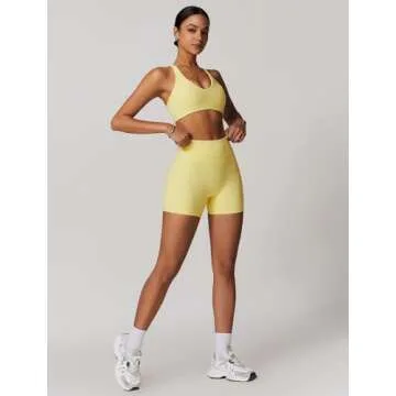 ABOCIW Workout Sets for Women 2 Piece V Neck Twist Back Sports Bra High Waist Biker Shorts Yoga Outfits Lemon Yellow Small