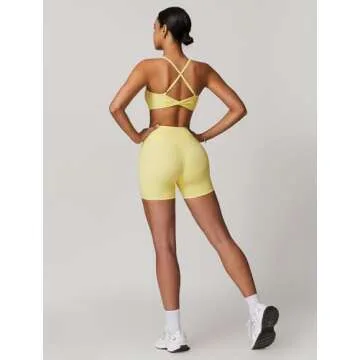 ABOCIW Workout Sets for Women 2 Piece V Neck Twist Back Sports Bra High Waist Biker Shorts Yoga Outfits Lemon Yellow Small