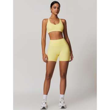 ABOCIW Workout Sets for Women 2 Piece V Neck Twist Back Sports Bra High Waist Biker Shorts Yoga Outfits Lemon Yellow Small