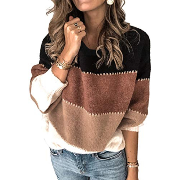 Angashion Women's Color Block Long Sleeve Crewneck Sweater - Black XX-Large