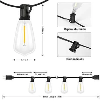 Brightever Outdoor String Lights 150FT, Patio Lights with 75+2 Dimmable ST38 Shatterproof LED Bulbs, Vintage Edison String Lights for Outside, Waterproof Bistro Lights for Halloween Backyard 2700K