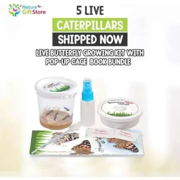 Live Butterfly Growing Complete Kit - Includes 5 Live Caterpillars - All-in-One Set with Net Cage, F...