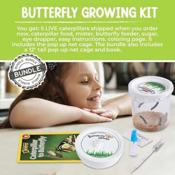 Live Butterfly Growing Complete Kit - Includes 5 Live Caterpillars - All-in-One Set with Net Cage, Food, and Rearing Supplies - Book Bundle