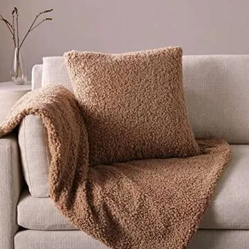 HANGSHANG Decorativ Brown Faux Fur Throw Pillow Covers Super Soft Wool Pillow Cases Cushion Covers for Sofa Bedroom Living Room Boucle Pillow Covers 18x18 Inch Pack of 2 (No Inserts)