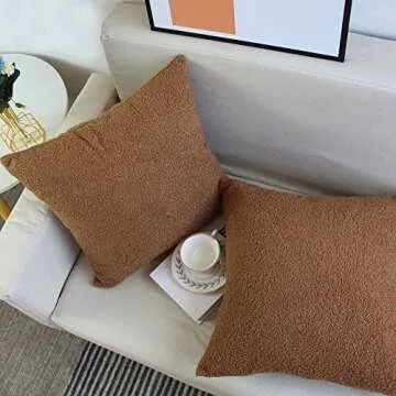 HANGSHANG Decorativ Brown Faux Fur Throw Pillow Covers Super Soft Wool Pillow Cases Cushion Covers for Sofa Bedroom Living Room Boucle Pillow Covers 18x18 Inch Pack of 2 (No Inserts)