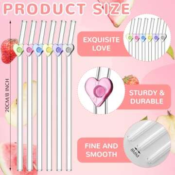 Teenyyou 6 Pcs Reusable Glass Straws with Heart Charms 8 x 0.3'' Colorful Heart Thick Clear Glass St...