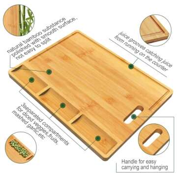 Cutting Boards,Large Bamboo Chopping Board, Built-In 3 Compartments And Juice Grooves, Charcuterie Board for Kitchen Counter Meat (Butcher Block) Cheese, Vegetables,Bread (17 x 12.6")
