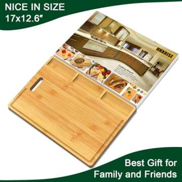 Cutting Boards,Large Bamboo Chopping Board, Built-In 3 Compartments And Juice Grooves, Charcuterie Board for Kitchen Counter Meat (Butcher Block) Cheese, Vegetables,Bread (17 x 12.6")