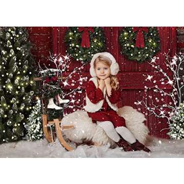 Mocsicka Red Barn Door Rustic Christmas Backdrop Chritsmas Tree Snowy Photography Background Chirstm...