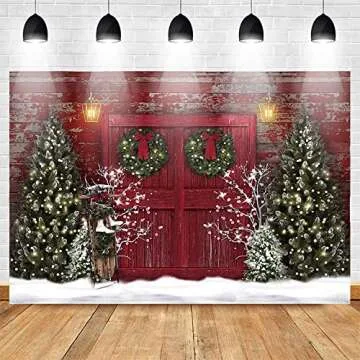 Mocsicka Red Barn Door Rustic Christmas Backdrop Chritsmas Tree Snowy Photography Background Chirstmas Red Wooden House Family Kids Holiday Party Banner Decorations Photo Booth Props (7x5ft)