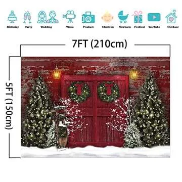 Mocsicka Red Barn Door Rustic Christmas Backdrop Chritsmas Tree Snowy Photography Background Chirstmas Red Wooden House Family Kids Holiday Party Banner Decorations Photo Booth Props (7x5ft)