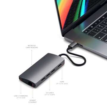 Satechi USB C Hub Multiport Adapter V2, USB C Docking Station with 4K HDMI, 60W USB C PD Charging, 3 USB-A, Ethernet, Micro/SD Card Readers, for MacBook Pro/Air M1 M2 M3, Windows - Space Gray