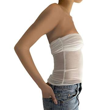 Women Strapless Lace Frill Tube Crop Top Sleeveless Low Cut Bandeau Cami Off Shoulder Bustier Y2k Fashion Vest(Knot White,Small)