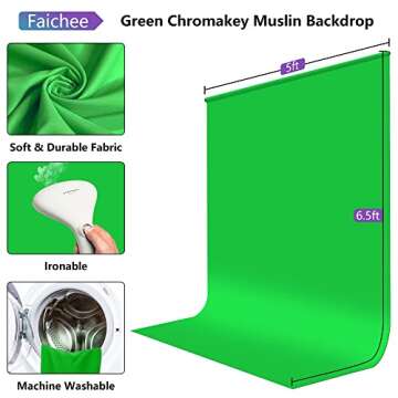 Faichee Green Screen Backdrop with Stand Kit 5 X 6.5ft, Portable Green Screen Stand with Chromakey GreenScreen Background and 4 Spring Clips for Streaming, Gaming, Zoom, Video