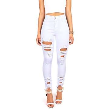 Vibrant Women’s Denim Skinny Jeans – Stretch High Waisted Raw Edges Heavy Distressed Ripped Casual Slim Fit Pants