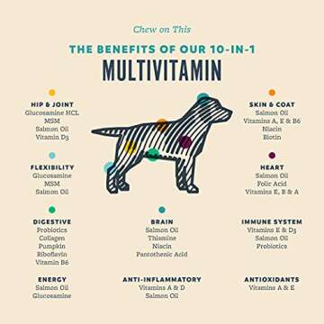 10 in 1 Dog Multivitamin with Glucosamine & PurforMSM - Daily Dog Vitamins for Hip & Joint, Skin & Coat, Digestion, Brain Health - Contains Salmon Oil, Chicken Collagen, Probiotics & More - 90 Chews