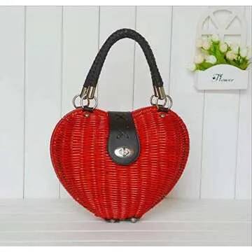 HYBRID FASHIONISTA Boho Bag for Women Rattan Handbag Straw Shoulder Bag Wicker Bag (Red Heart Rattan Bag)