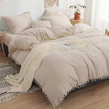 ETDIFFE Beige Pom Duvet Cover Queen Size, 3 Piece Boho Bohemian Farmhouse Microfiber Bedding Comforter Cover Set, Soft and Lightweight, Solid Light Khaki Pompom (90x90)