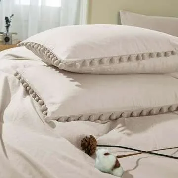 ETDIFFE Beige Pom Duvet Cover Queen Size, 3 Piece Boho Bohemian Farmhouse Microfiber Bedding Comforter Cover Set, Soft and Lightweight, Solid Light Khaki Pompom (90x90)