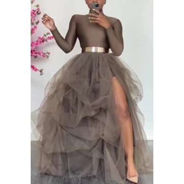 Women's Tulle Maxi Skirt Floor Length Layered High Waist Split Skirt A-Line Puffy Mesh Tutu Skirt fo...