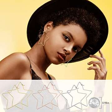 wowshow 3 Pairs Geometric Star Hoop Earrings for Women Large Thin Gold Silver Pentagram Hoops