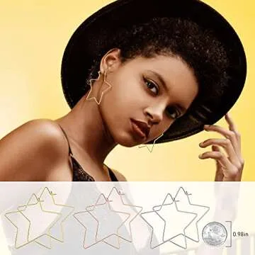 wowshow 3 Pairs Geometric Star Hoop Earrings for Women Large Thin Gold Silver Pentagram Hoops