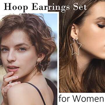 wowshow 3 Pairs Geometric Star Hoop Earrings for Women Large Thin Gold Silver Pentagram Hoops