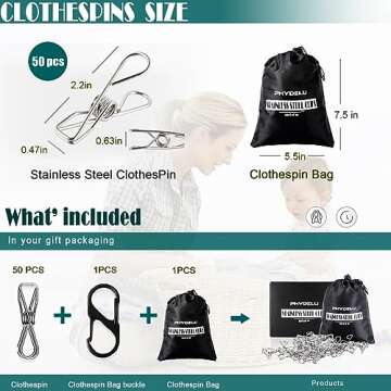 (50PCS) Stainless Steel Laundry Clothes Pins Heavy Duty Outdoor, Clothespins for Hanging Clothes, Metal Clips, Metal Clothes pins, Metal Snack Bag Chip Clips for Food Packages, Mini Clothes pins