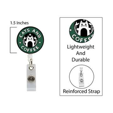 Cats and Coffee Nurse ID Badge Reel - RN Retractable Holder with Alligator Clip for Hospitals Doctor...