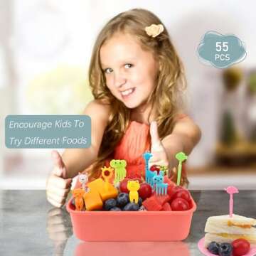 KDNZYIM Animal Food Picks for Kids - 55 Pcs Cute Cartoon Fruit Toothpicks for Bento Box, Lunch, Snacks - BPA-Free, Reusable, Fun Kids Food Picks