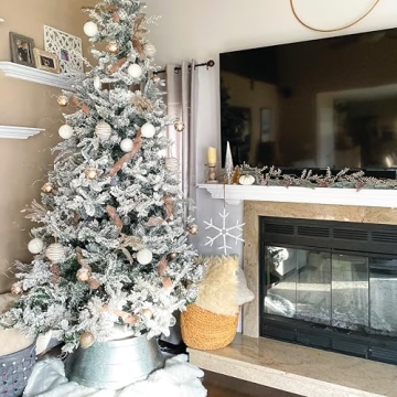 Fraser Hill Farm 7.5-Ft. Mountain Pine Flocked Artificial Christmas Tree with White Incandescent Smart Lights and Stand, Prelit Foldable Fake Tree with Realistic Snowy Foliage for Home Decoration