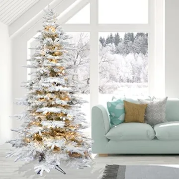 Fraser Hill Farm 7.5-Ft. Mountain Pine Flocked Artificial Christmas Tree with White Incandescent Smart Lights and Stand, Prelit Foldable Fake Tree with Realistic Snowy Foliage for Home Decoration